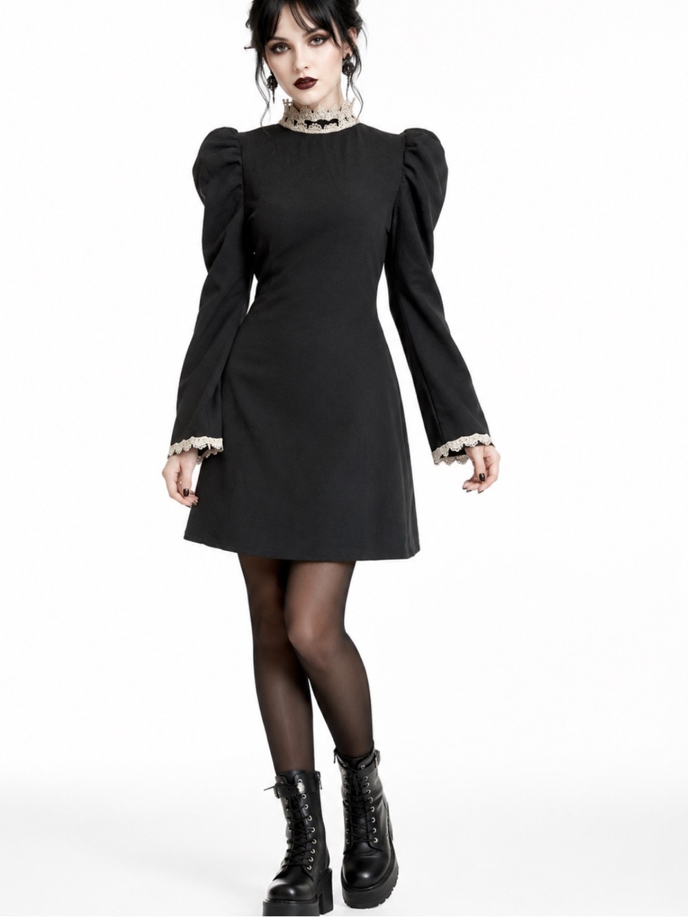 Dolls Kill Widow Heathen In Disguise Black Puff Long-Sleeve Mini Dress Size S